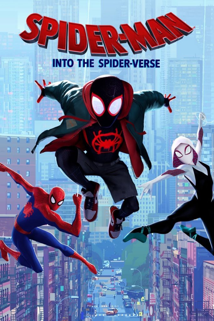 Spider-Man: Into the Spider-Verse poster showing Gwen, Peter, and Miles in front of a city