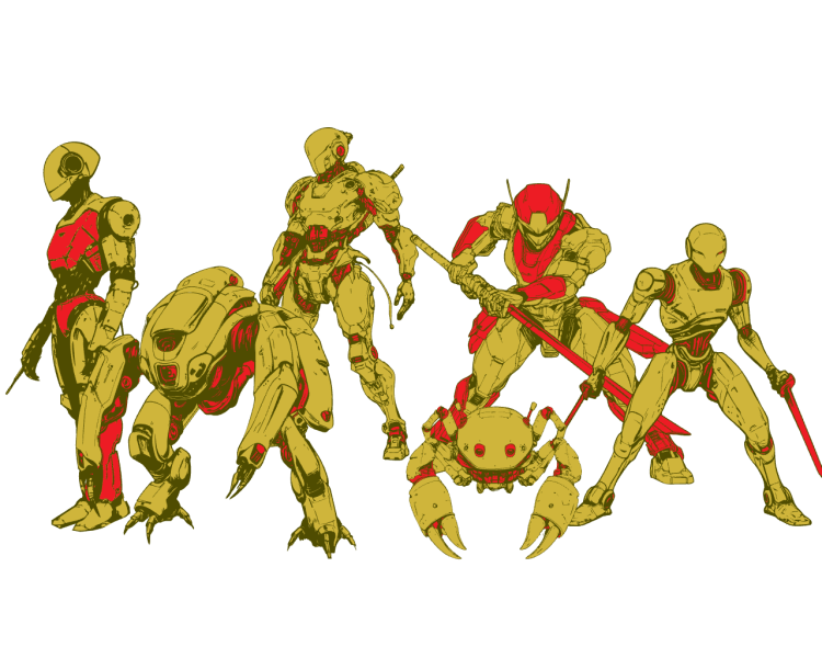 A group of six robotic characters.