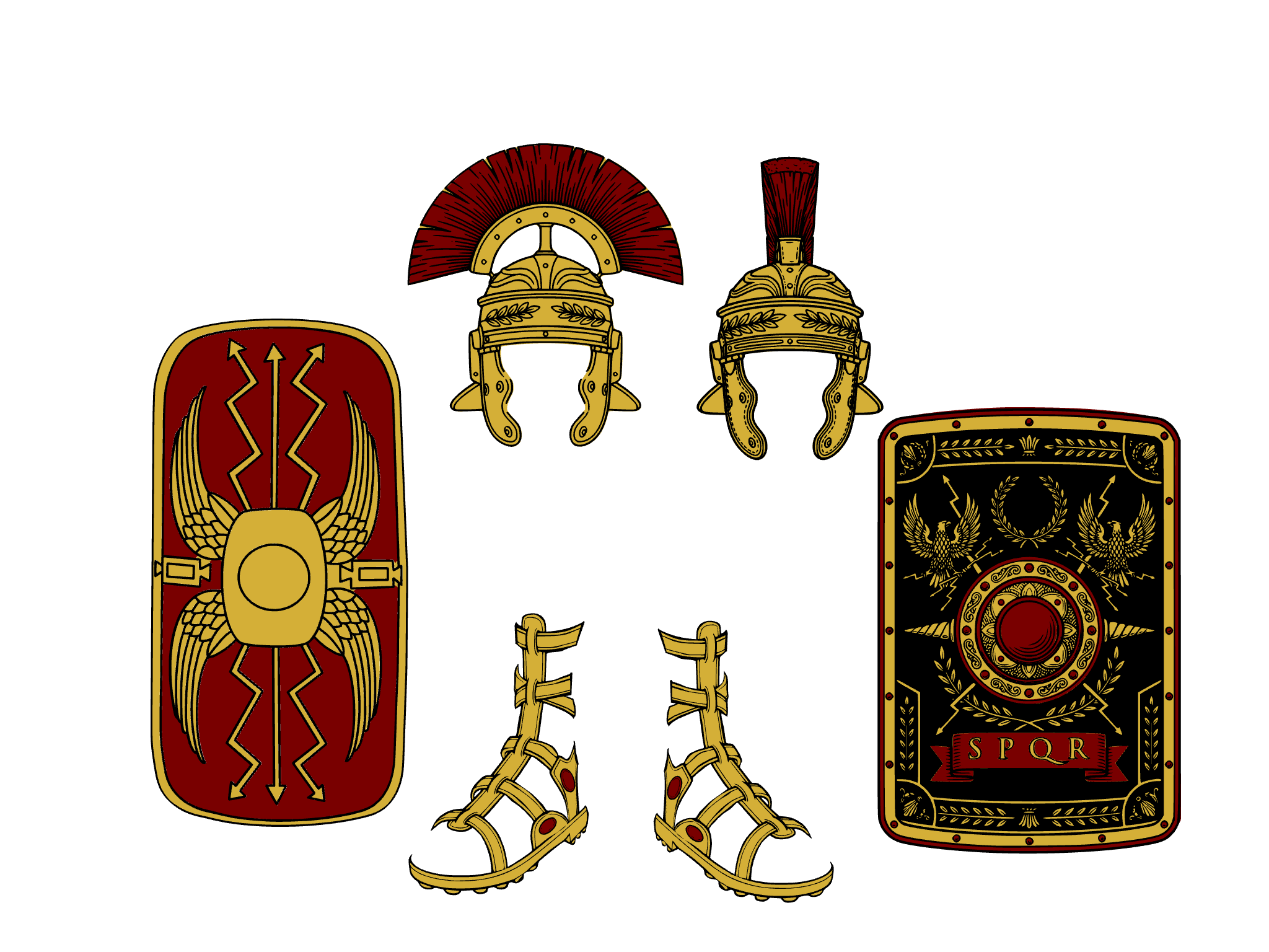 A set of illustrated roman helmets, sandals, and shields.