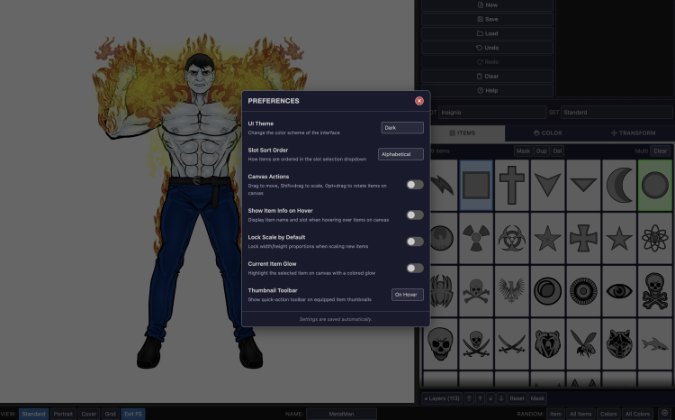 Screenshot of the HeroMachine 3 Phoenix Edition app sjowing the preferences menu open.