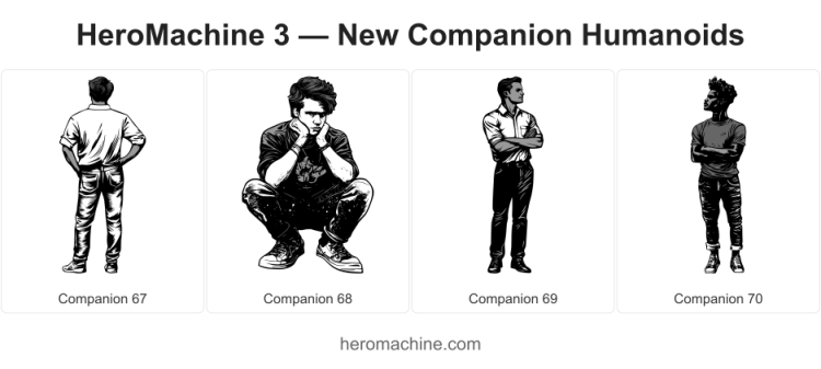 Four black and white drawings of males for HeroMachine 3.