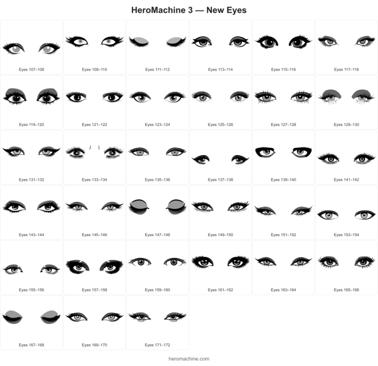 A poster showing all the new eye items added to HeroMachine 3.
