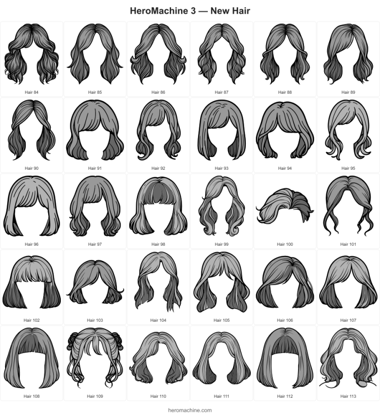 A poster showing a collection of hair for HeroMachine 3.