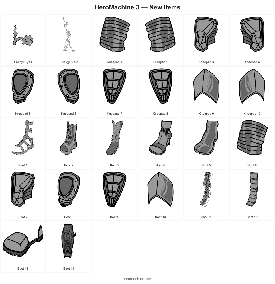 Poster showing 26 new items in HeroMachine 3 Phoenix Edition including energy eyes, kneepads, and boots
