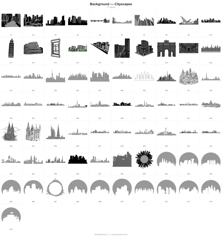A series of posters showing illustrations of HeroMachine 3 backgrounds.