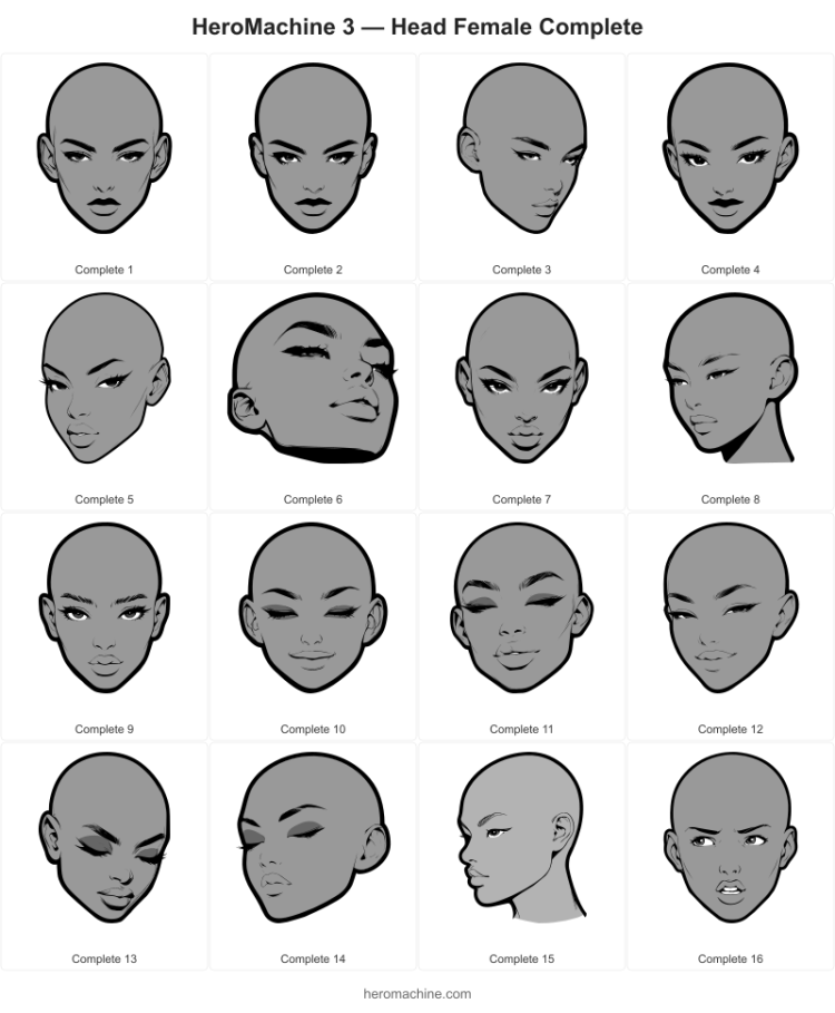A set of black and white line drawings of bald female heads in various positions.