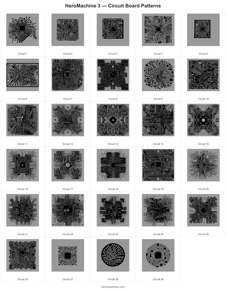A poster showing 29 circuit patterns in black and white.