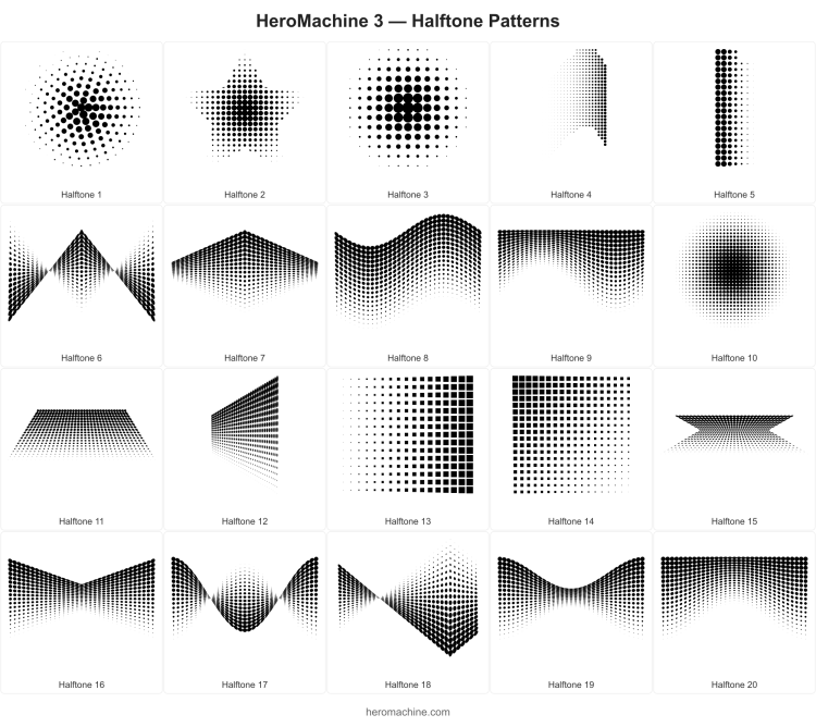 A poster showing 20 Halftone patterns in black and white.