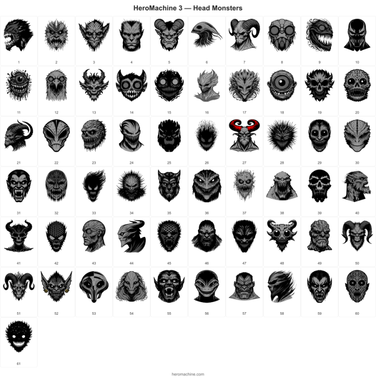 Black and white and gray drawings of monster heads.