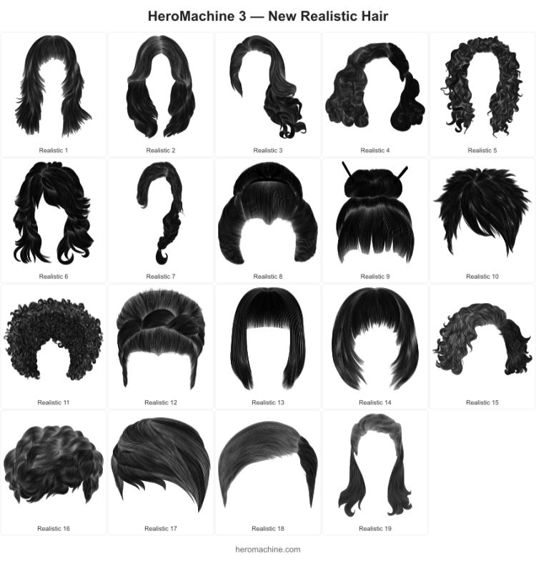 A variety of line art showing feminine hair styles.