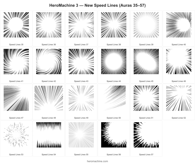Black and white drawings of comic book style speed line patterns.